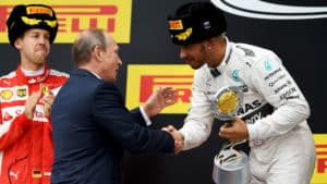 Valdimir Putin hands Russian GP trophy to Lewis Hamilton
