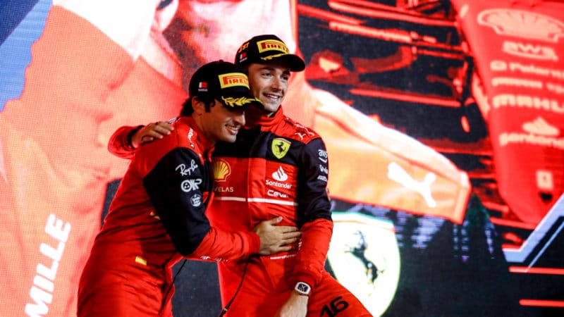 Carlos Sainz and Charles Leclerc on the 2022 Bahrain Grand Prix podium