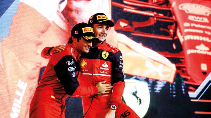 Carlos Sainz and Charles Leclerc on the 2022 Bahrain GP podium