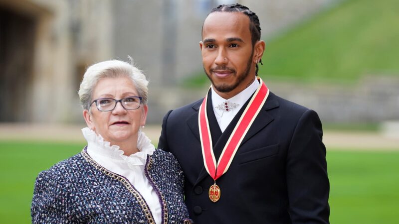 Carmen Larbalestier with Lewis Hamilton after he was knighted at Windsor Castle