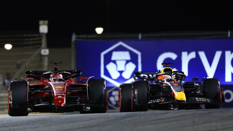 Charles Leclerc and Max Verstapen fight for the lead of the 2022 F1 Bahrain Grand Prix