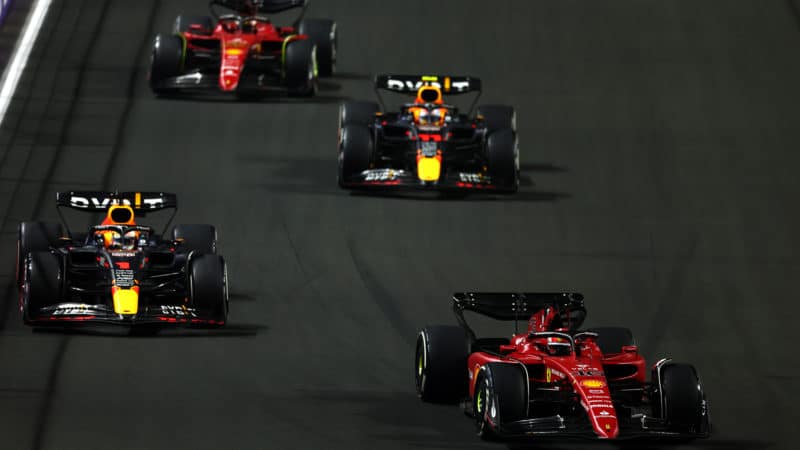 Charles Leclerc leads at the restart of the 2022 Saudi Arabina Grand Prix