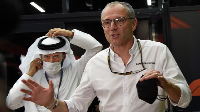Stefano Domenicali and Mohammed bin Sulayem after meeting after FP2 practice for the 2022 Saudi Arabian Grand Prix at the Jeddah Corniche Corcuit. Photo: Grand Prix Photo