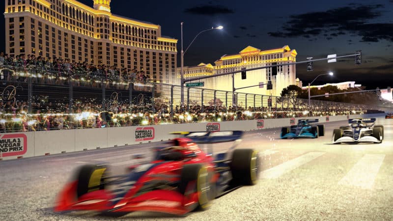 F1 cars racing past Bellagio hotel in Las Vegas GP render