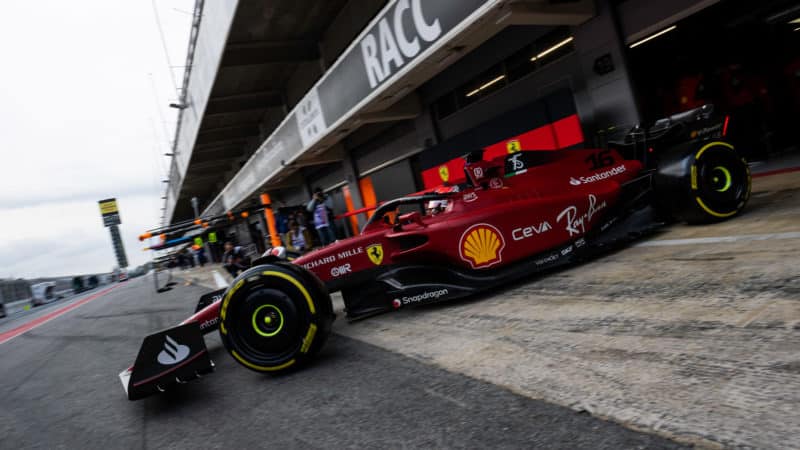 Ferrari F1-75 drives out of the pits in 2022 preseason testing