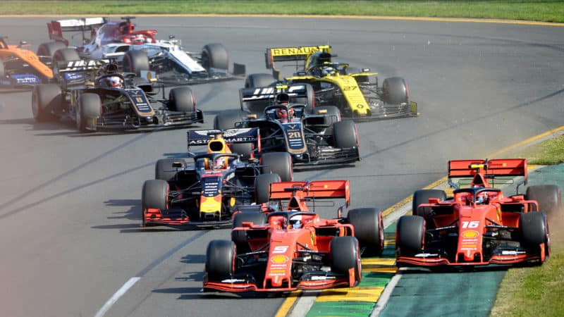 Ferraris battle at the start of 2019 Australian Grand Prix