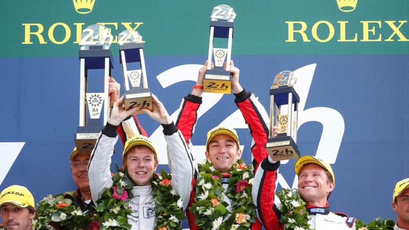 Harry Tincknell Simon Dolan and Oliver Turvey celebrate 2014 LMP2 win at Le Mans