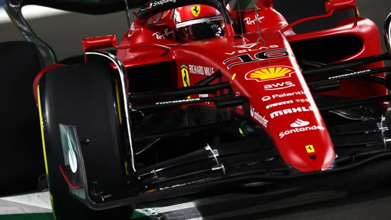 JEDDAH, SAUDI ARABIA - MARCH 25: Charles Leclerc of Monaco driving (16) the Ferrari F1-75 on track during practice ahead of the F1 Grand Prix of Saudi Arabia at the Jeddah Corniche Circuit on March 25, 2022 in Jeddah, Saudi Arabia. (Photo by Clive Rose - Formula 1/Formula 1 via Getty Images)