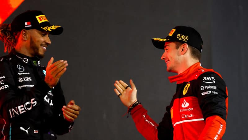Lewis Hamilton and Charles Leclerc on 2022 Bahrain Grand Prix podium