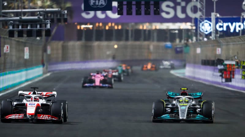 Lewis Hamilton and Kevin Magnussen battle in the 2022 Saudi Arabian Grand Prix