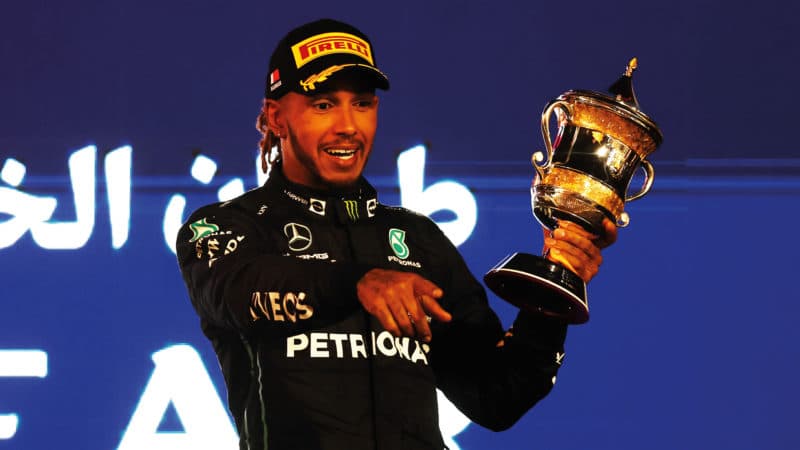 Lewis Hamilton with Bahrain 2022 trophy