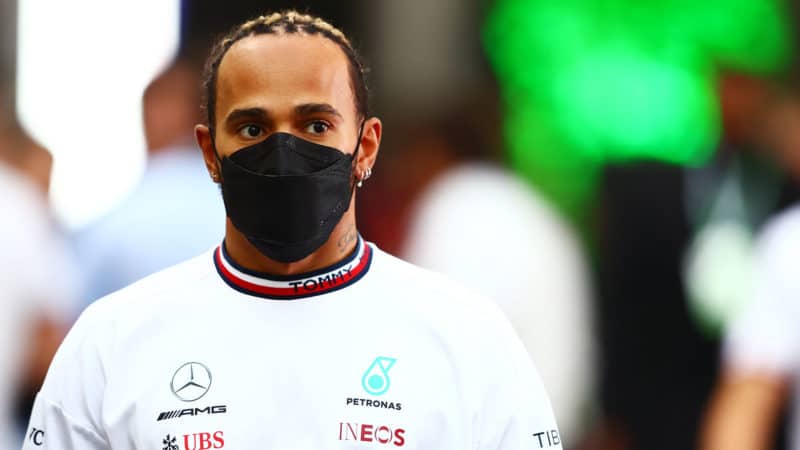 JEDDAH, SAUDI ARABIA - MARCH 27: Lewis Hamilton of Great Britain and Mercedes looks on ahead of the F1 Grand Prix of Saudi Arabia at the Jeddah Corniche Circuit on March 27, 2022 in Jeddah, Saudi Arabia. (Photo by Mark Thompson/Getty Images)