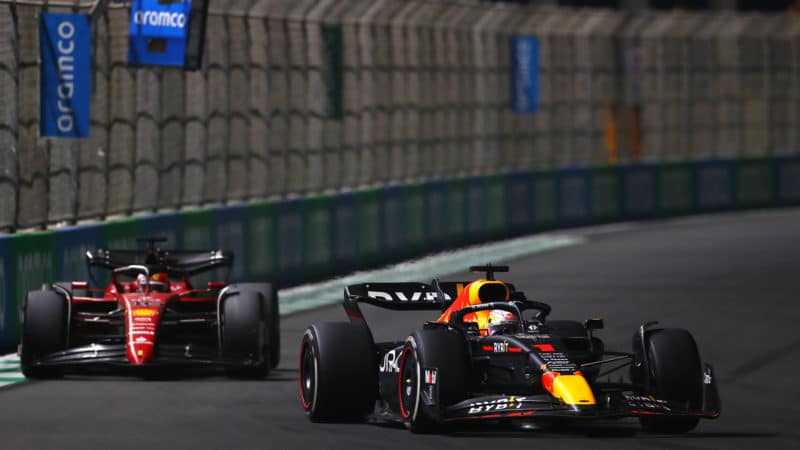 Max Verstappen ahead of Charles Leclerc in the 2022 F1 Saudi Arabian Grand Prix