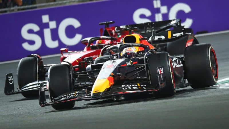 Max Verstappen ahead of Charles Leclerc in the 2022 Saudi Arabian Grand Prix