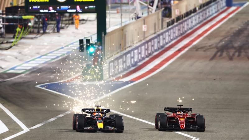Max Verstappen and Charles Leclerc fight for the lead of the 2022 Bahrain Grand Prix