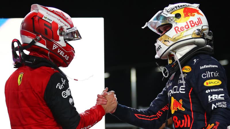 Max Verstappen and Charles Leclerc shake hands after the 2022 Saudi Arabian Grand Prix