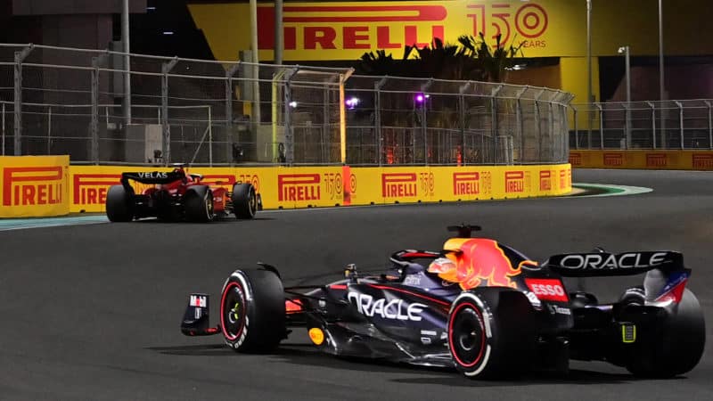 Max Verstappen follows Charles Leclerc in the 2022 Saudi Arabian Grand Prix