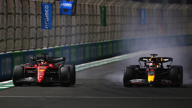 Max Verstappen locks up as he fights Charles Leclerc for the lead of the 2022 Saudi Arabian Grand Prix