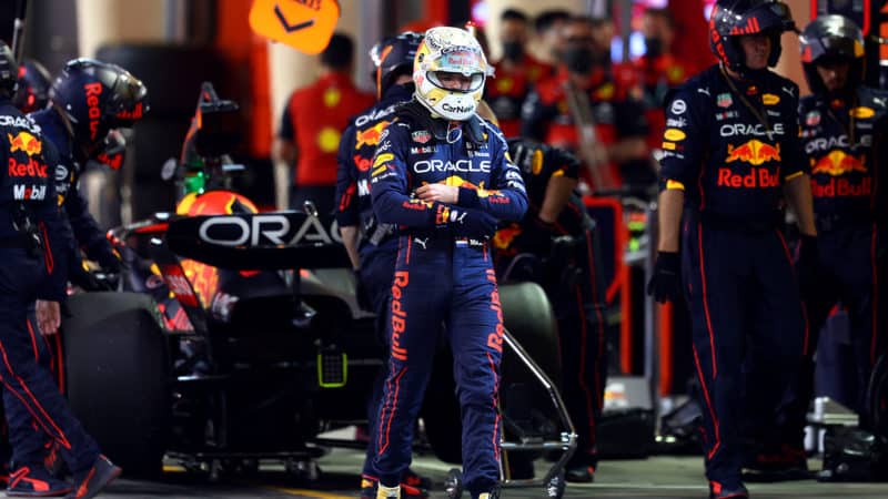 Max Verstappen walks away from his Red Bull after retiring at the 2022 f1 Bahrain Grand Prix