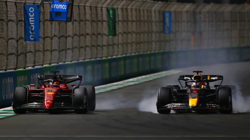 Max Verstappen locks up as he battles Charles Leclerc in the 2022 Saudi Arabian GP