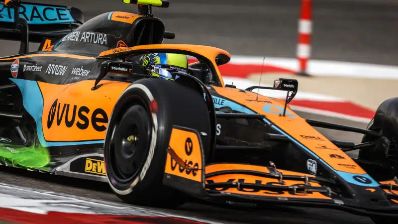 McLaren of Lando Norris with flow vis paint at 2022 Bahrain F1 testing