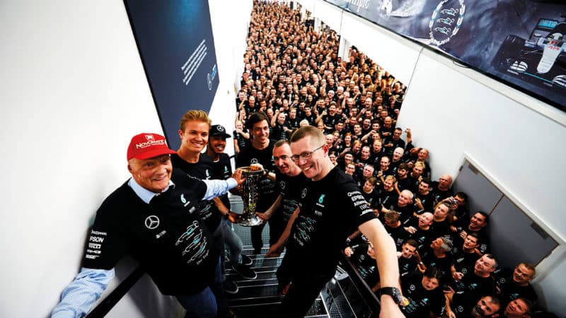 Niki Lauda, a non-executive chairman with Mercedes, helps celebrate a third consecutive constructor’s title in 2016. In 2020, a gathering like this would have been unthinkable