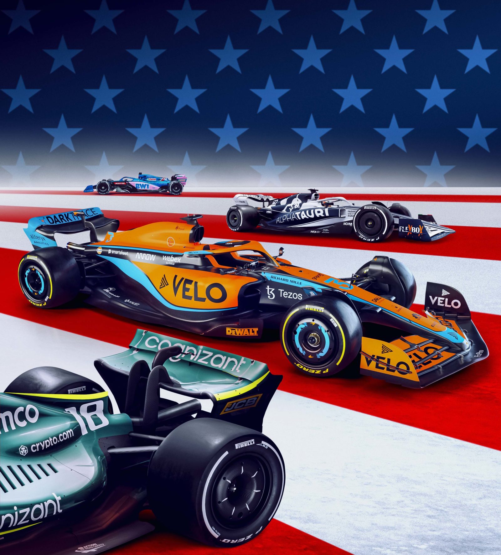 F1 cars on American flag