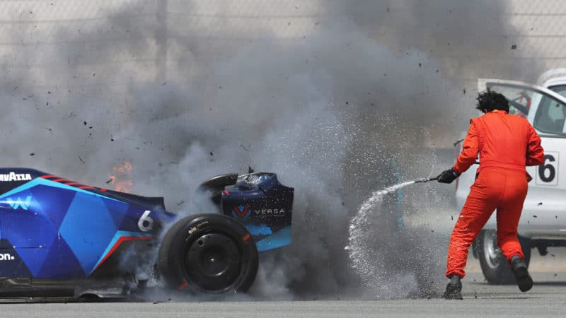 Nicholas Latifi Williams on fire at 2022 Bahrain F1 testing