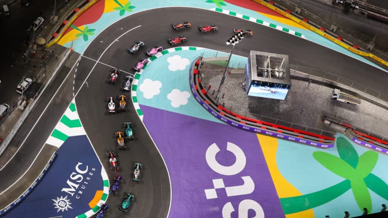Overhead view of 2022 Saudi Arabian Grand Prix start