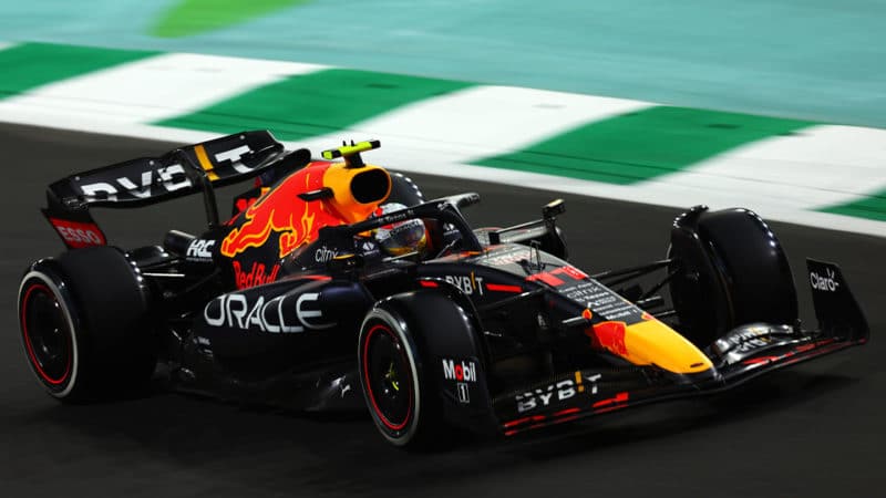 JEDDAH, SAUDI ARABIA - MARCH 27: Sergio Perez of Mexico driving the (11) Oracle Red Bull Racing RB18 on track during the F1 Grand Prix of Saudi Arabia at the Jeddah Corniche Circuit on March 27, 2022 in Jeddah, Saudi Arabia. (Photo by Lars Baron/Getty Images)