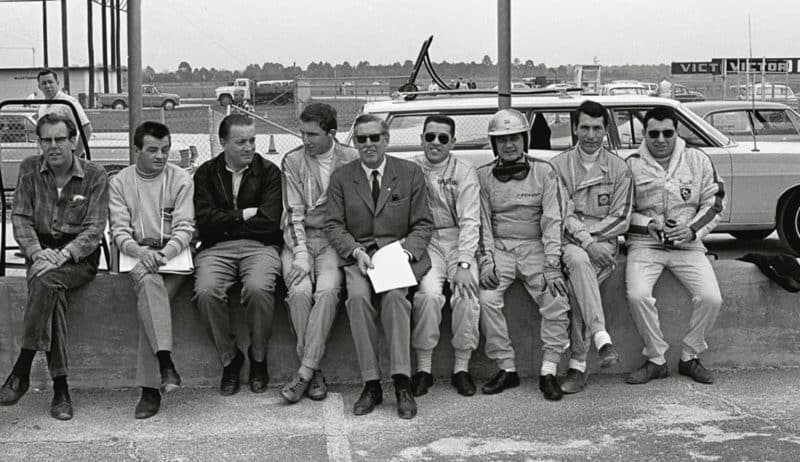 Peter-Falk,-Hans-Mezger,-Helmuth-Bott,-Rolf-Stommelen,-Huschke-von-Hanstein,-Joe-Buzzetta,-Hans-Herrmann,-Vic-Elford,-Gerhard-Mitter,-Daytona,-1968,-Porsche-AG