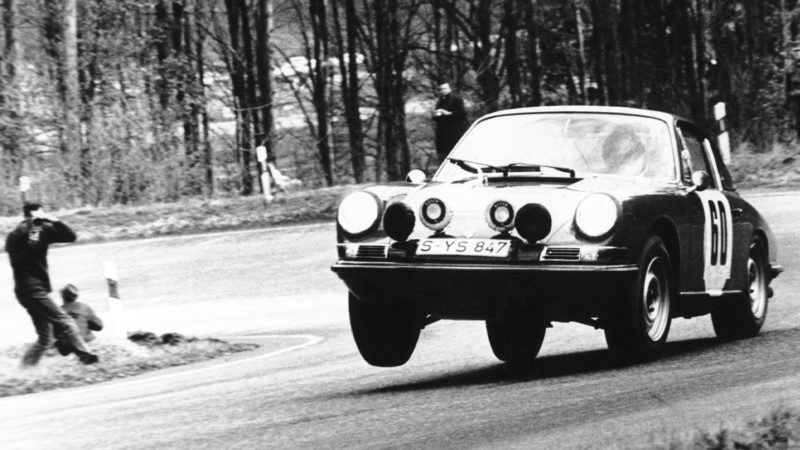 Porsche 911 of Vic Elford and David Stone in 1967 Lyon-Charbonniers rally