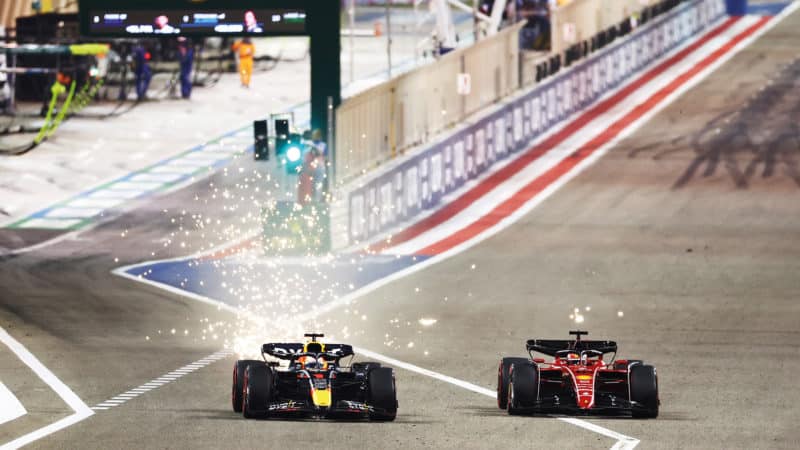 Sparks fly as Max Verstappen battles Charles Leclerc at the 2022 Bahrain GP