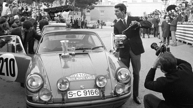 Vic Elford celebrates after winning 1968 Monte Carlo Rally