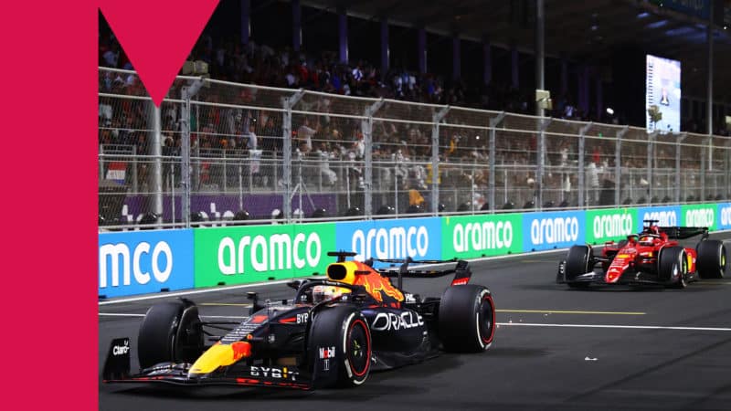 JEDDAH, SAUDI ARABIA - MARCH 27: Max Verstappen of the Netherlands driving the (1) Oracle Red Bull Racing RB18 leads Charles Leclerc of Monaco driving (16) the Ferrari F1-75 during the F1 Grand Prix of Saudi Arabia at the Jeddah Corniche Circuit on March 27, 2022 in Jeddah, Saudi Arabia. (Photo by Dan Istitene - Formula 1/Formula 1 via Getty Images)