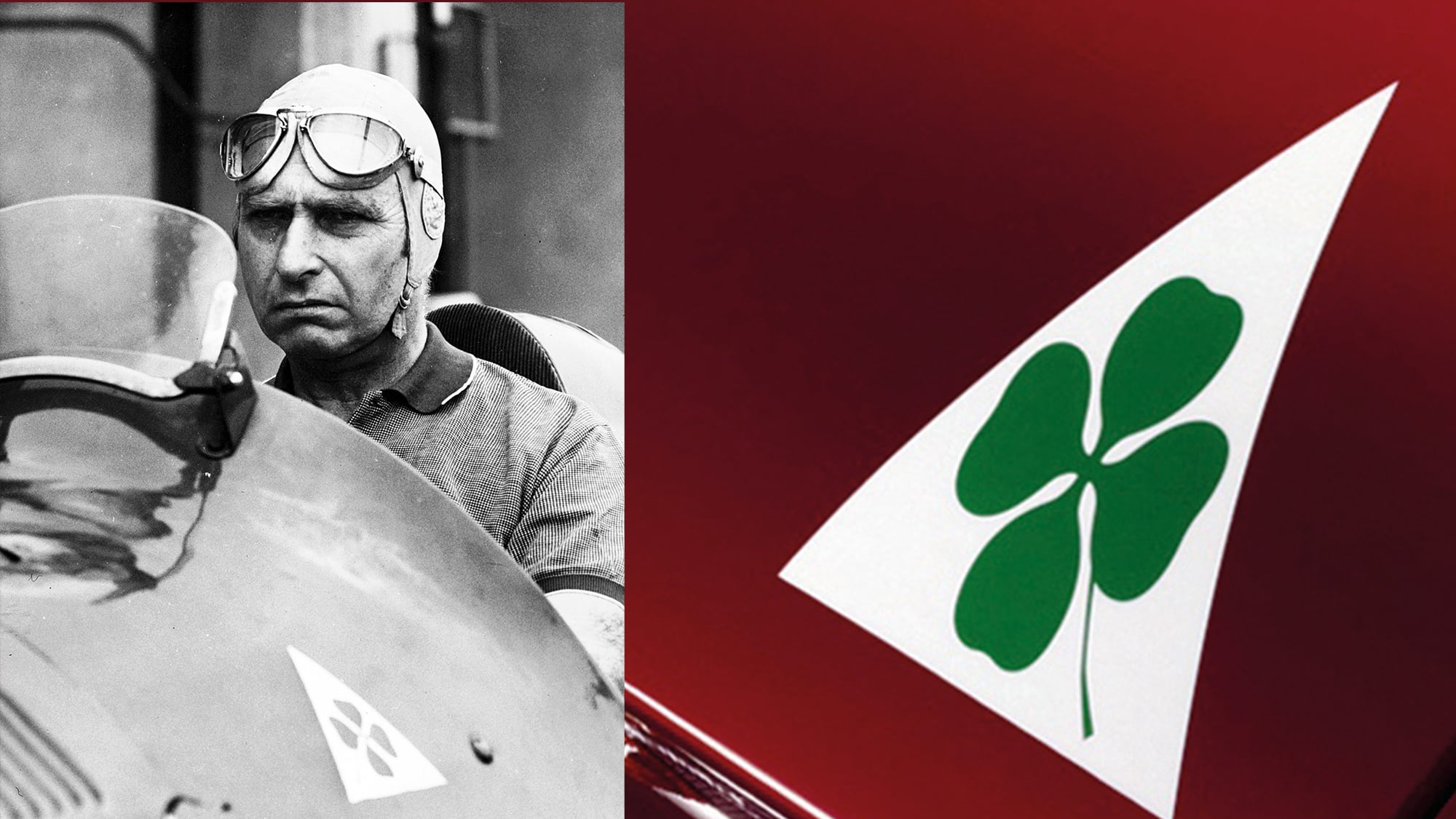 Alfa Romeo cloverleaf symbol and Juan Manuel Fangio