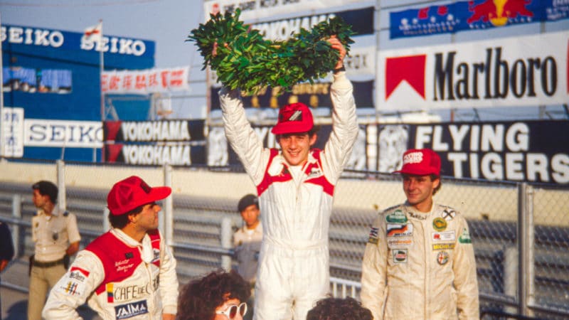 Ayrton Senna celebrates winning the 1983 Macau GP