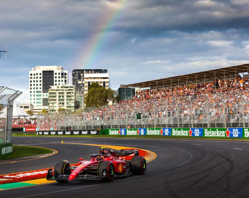 Carlos-Sainz-in-the-2022-Australian-Grand-Prix-with-rainbow-in-the-background