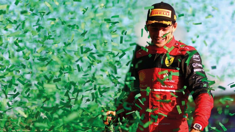 Charles Leclerc celebrates victory in the 2022 Australian Grand Prix