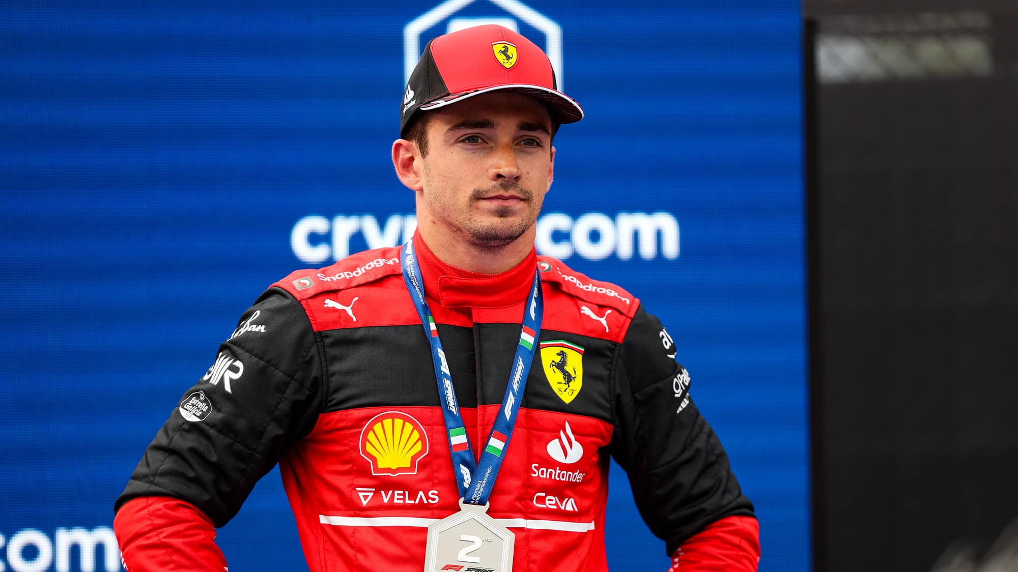 Charles Leclerc wearing second placed medal in 2022 Emilia Romagna sprint race