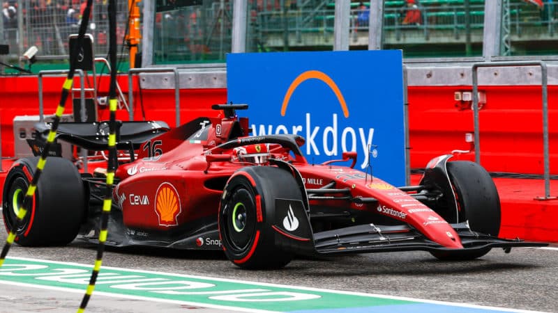 Charles Leclerc with broken front wing on his Ferrari at the 2022 Emilia Romagna GP