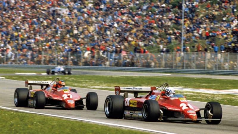 Didier Pironi leads Gilles Villeneuve in the 1982 San Marino GP