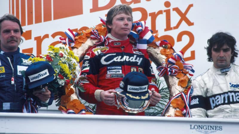 Didier Pironi on the podium after winning the 1982 Dutch Grand Prix