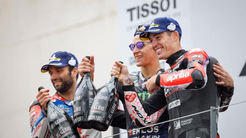 Fabio Quartararo on the podium at 2022 MotoGP Portuguese GP