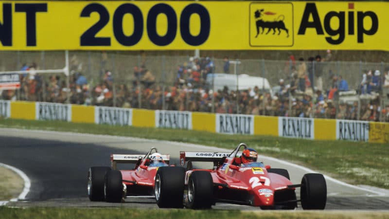 Gilles Villeneuve and Didier Pironi on track at Imola in 1982