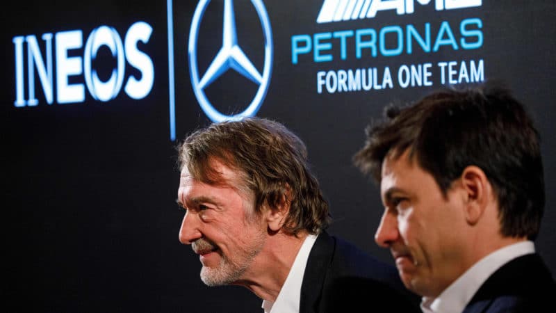 Ineos Chairman Jim Ratcliffe (L) and Mercedes AMG Petronas F1 Team's team principal Toto Wolff speak during a media event to reveal the team's new livery for the upcoming 2020 season, at the Royal Automobile Club in London on February 10, 2020. - Mercedes Formula 1 boss Toto Wolff said on Monday that his team's tie-up with Lewis Hamilton is the