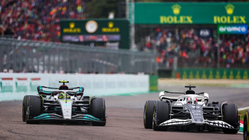 Lewis Hamilton battles with Pierre Gasly in the 2022 Emilia Romagna GP