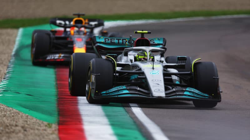 Max Verstappen comes up to lap Lewis Hamilton at the 2022 Emilia Romagna GP