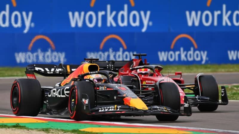 Max Verstappen passes Charles Leclerc in 2022 Emilioa Romagna GP sprint race