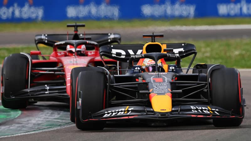 Max verstappen ahead of Charles Leclerc in 2022 Emilia romagna sprint race